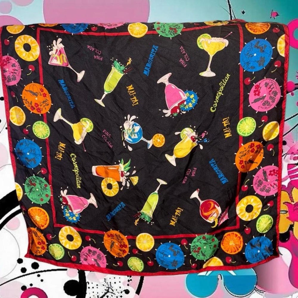 vtg 90s nick & nora ‘happy hour’ novelty cocktail print 100% silk square scarf